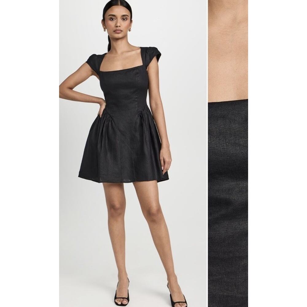 Reformation Oaklyn Cap Sleeve Linen Minidress Black 4 Babydoll Smocked Back NWT - Picture 3 of 16